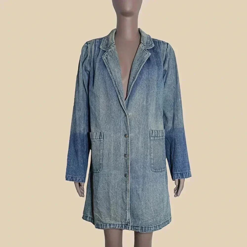 Vintage 00s Medium Wash Denim Blue Jean Long Coat Size‎ Small Fall Winter Jacket